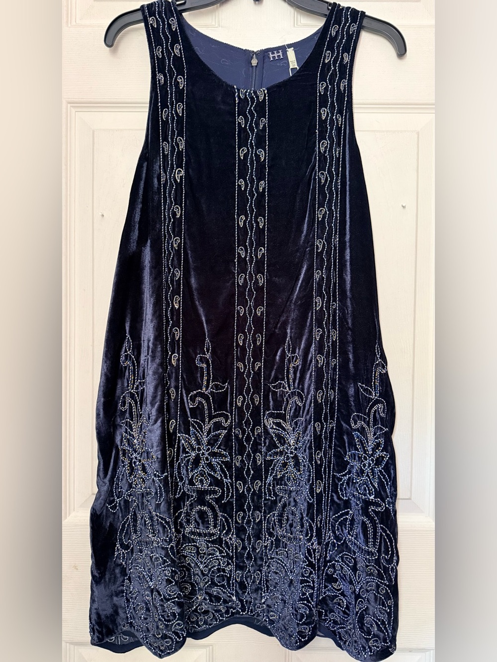Haute Hippie Midnight Blue Western Hand Beaded Silk Velvet Shift Dress NWT